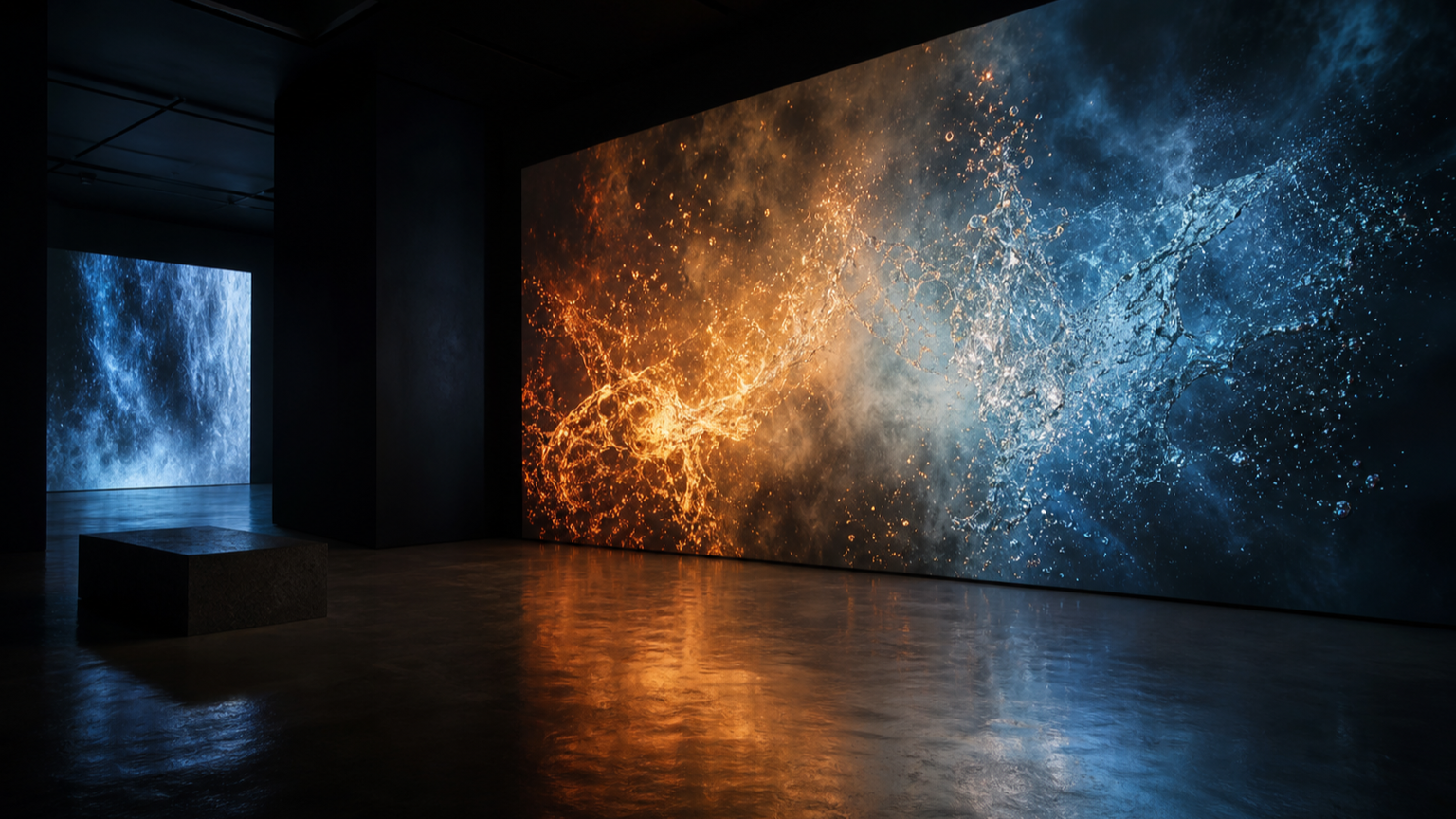 어두운 전시장 안에서 물과 불의 빛이 느리게 충돌하는 Bill Viola 주제 커버