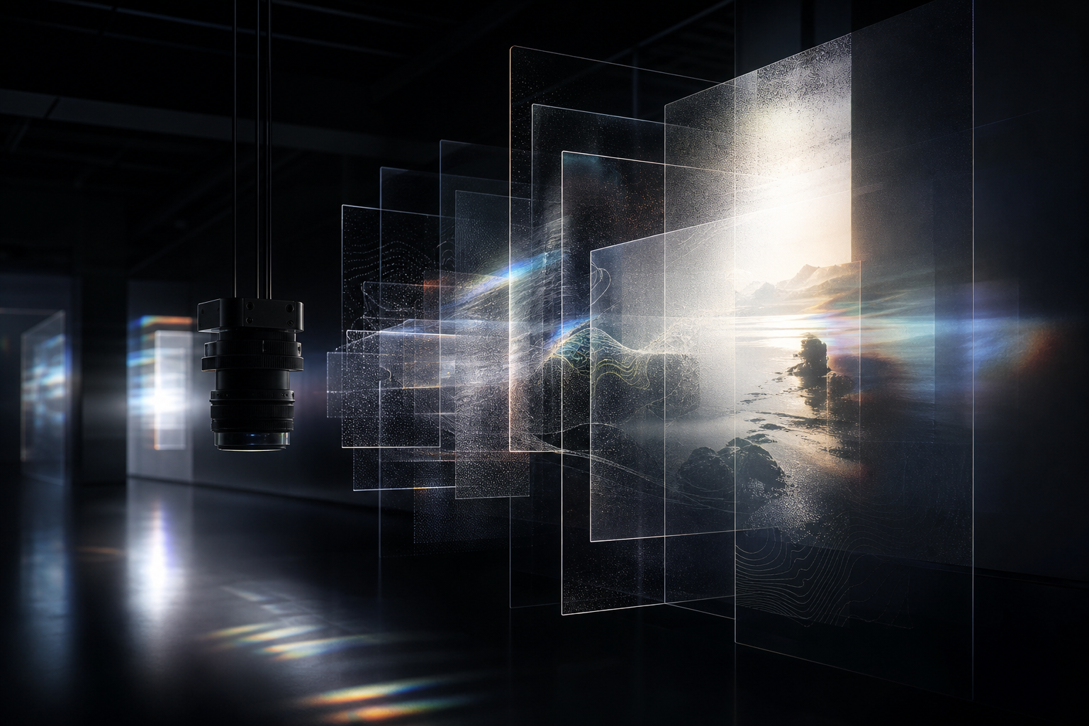 Text-free editorial cover of an abstract camera lens and layered computational light frames in a dark media-art gallery
