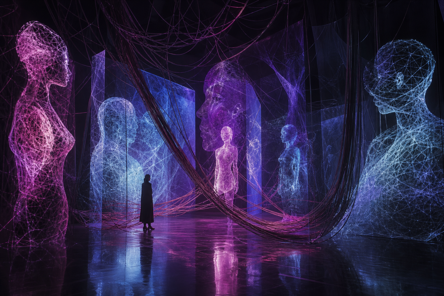 Text-free editorial cover of networked luminous bodies and cables in a dark media-art installation