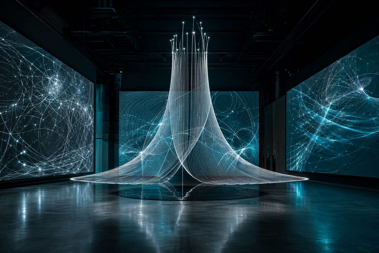 알고리즘 선과 노드가 어두운 설치 공간 안에서 겹겹이 축적되는 제너러티브 소프트웨어 아트 커버