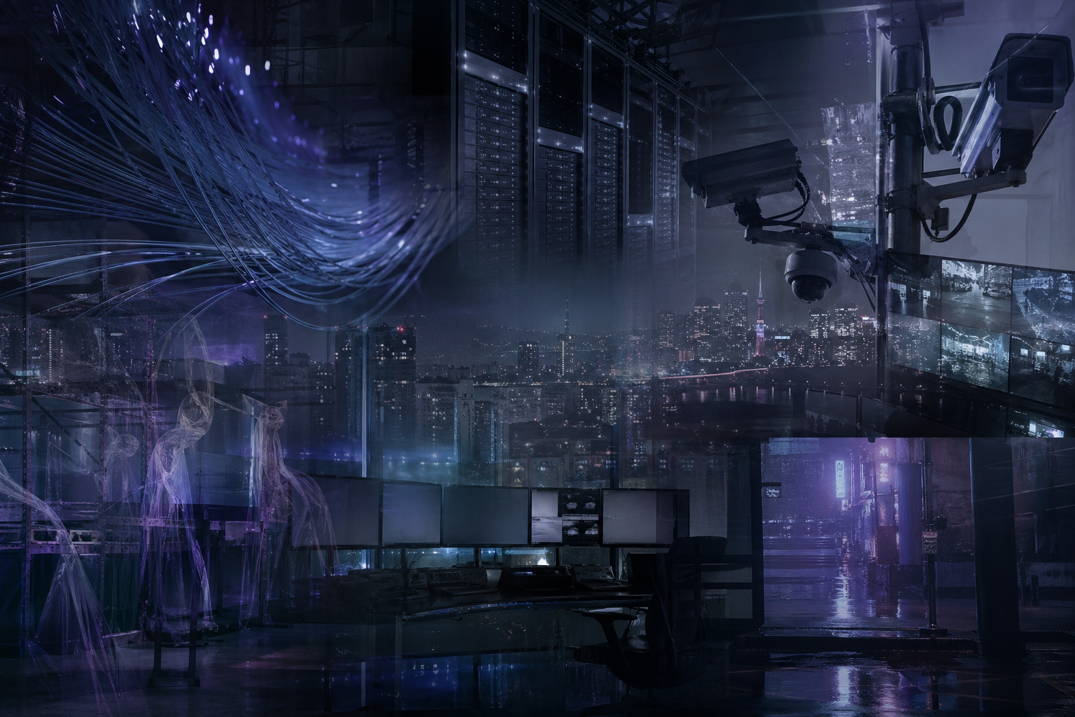 Abstract editorial cover showing surveillance infrastructure, data centers, and ghostlike labor traces
